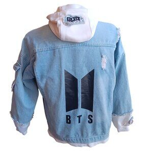 BTS Jung Kook Denim Jacket Womens L Hooded Cargo Patches Distressed K-Pop Y2K